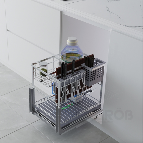 Kệ Đựng Dao Thớt Mix Oval GRÖB Inox SUS304 Xước Mờ – Ray Âm Giảm Chấn