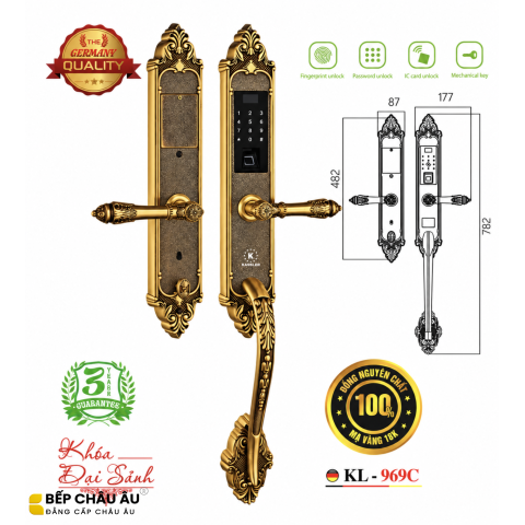 Khóa Đại Sảnh Kassler KL-969C Đồng Nguyên Khối Mạ Vàng 18K – Khóa Vân Tay 300 Người Dùng, Thiết Kế Hoàng Gia