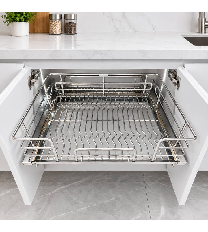 Giá Xoong Nồi Nan Oval Âm Tủ EUROGOLD Inox 304 – Gắn Cánh, Ray Giảm Chấn