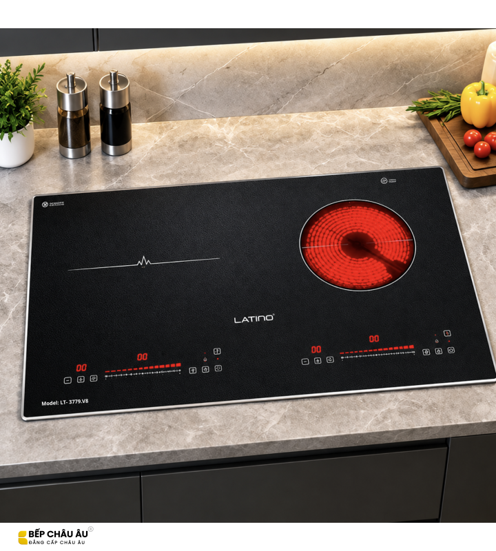 Bếp Điện Từ Latino LT-3779.V8 – 1 Từ 1 Hồng Ngoại, Booster 2400W, Mặt Kính Euro Platinum NANO, Điều Khiển Cảm Ứng 12 Cấp Độ