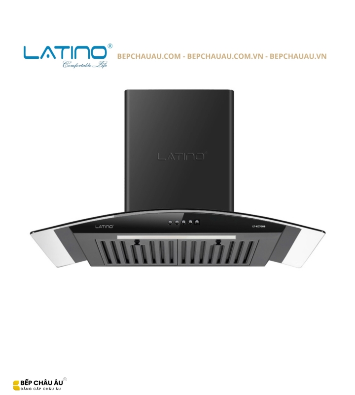 Máy Hút Mùi Latino LT-KC700B Kính Cong 70cm – Turbo 1200m³/h, Phím Cơ 3 Cấp Độ, Kính Đen Sang Trọng
