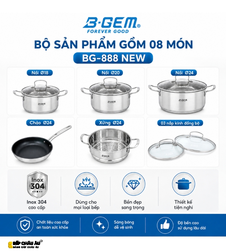 Bộ Nồi Inox 304 B-GEM BG-888 NEW – Bộ 8 Món Đáy 5 Lớp
